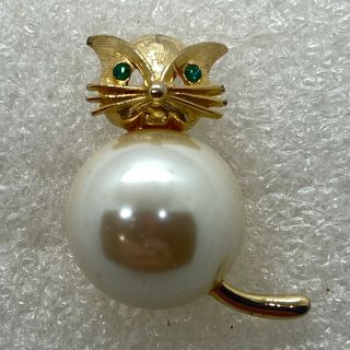 Signed Marvella Vintage Cat Brooch Pin Faux Pearl Belly Rhinestone Jewelry