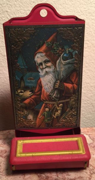 Vintage Jasco Christmas Match Box Holder Tin Metal Wall Mount Santa