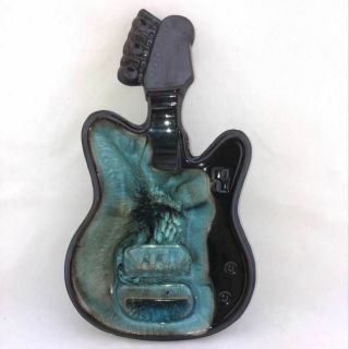 Vintage Blue And Brown Glazed Ceramic Guitar Shaped Ashtray