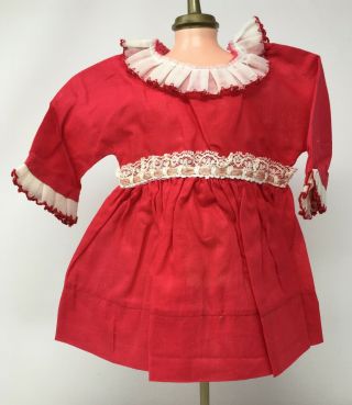 Vintage Antique Red White Doll Dress With Lace & Organdy Collar 10 " Long