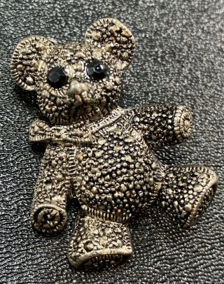 Vintage Teddy Bear Brooch Pin 1.  5” Black Crystal Rhinestones