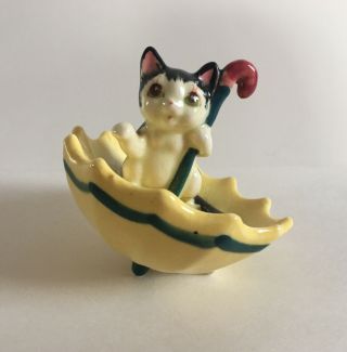 Cute Vintage Ceramic Black And White Cat Kitten In Yellow Umbrella
