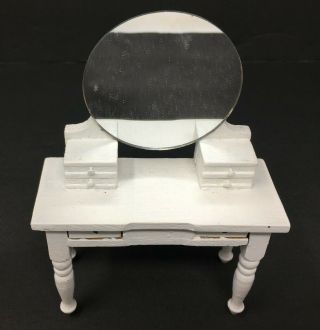 Vintage Dollhouse Miniature Wood Hand Painted White Dressing Table Vanity Mirror 2