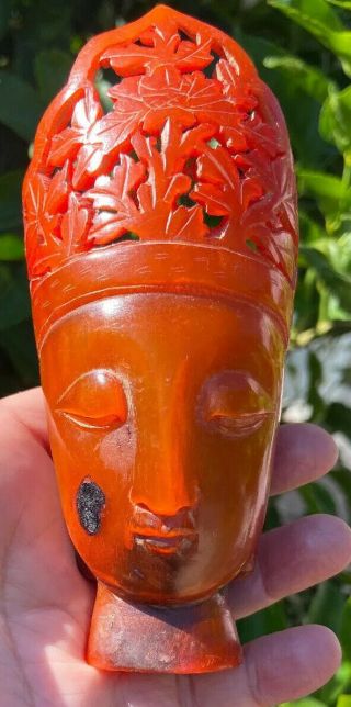 Vintage Chinese Bovine Bone Hand Carved Dyed Orange Hollowed Buddha Head