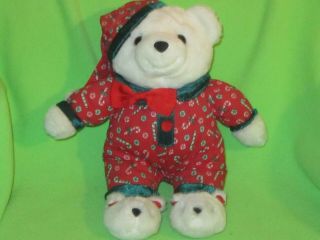 Vintage 13 " Plush White Toy Teddy Bear W/ Bunny Slippers Christmas Outfit Animal