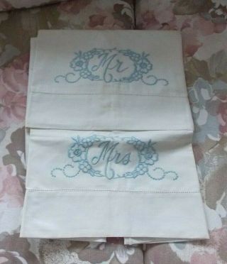 Vintage Embroidered Mr Mrs Pillowcase 