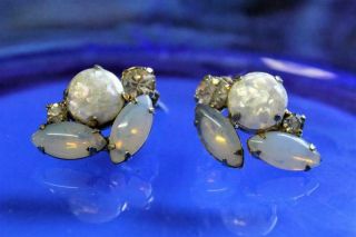 Vintage Opalescent And Rhinestone Prong - Set Gold Tone Clip - On Earrings