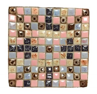 Vintage Mid Century Ceramic Mosaic Tile Trinket Dish 5 " Pink Blue Metal Back