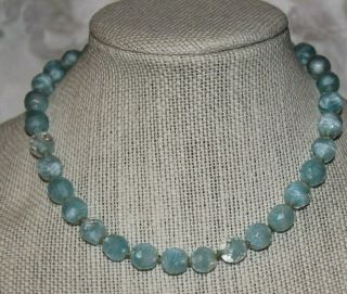 Vtg Pale Blue Faceted Glass Bead/white Inside Bead Choker Necklace 15 1/2 " Total