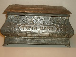 Antique Twin Oaks Tobacco Mixture Humidor Casket Hinged Tin Cigars