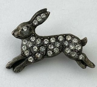 Vintage Silvertone Rabbit Pin With Clear Crystal Stones