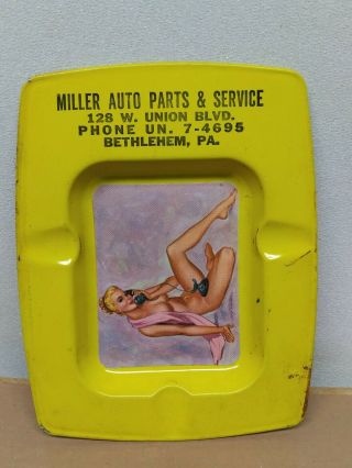 Vintage Risque Woman Tin Advertising Ashtray Miller Auto Parts Bethlehem Pa