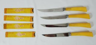 4 Vintage Burns Mfg Co Butterscotch Bakelite Serrated Stainless Knives