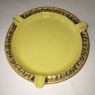 Vintage Yellow 9 " Ceramic Cigar Ashtray Hand Decorated Weeping Bright Gold Trim