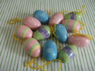 12 Vtg Wooden Easter Egg Ornaments Sparkley Decorations 1.  5 " Pastel