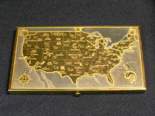 Vintage Gold Tone Wadsworth Cigarette Case With Usa Map & Cities