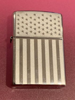 U.  S Etched American Flag Zippo Lighter Polished Chrome United States Flag