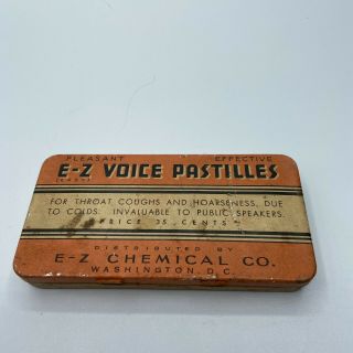 Vintage E - Z Voice Pastilles Orange Medical Advertising Tin E - Z Chemical Co Wash