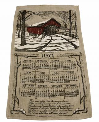 Vintage 1971 Towel Calendar Winter Snow Scene Covered Bridge 16.  5 X 28.  0