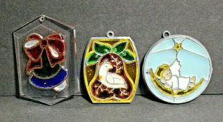 Set Of 3 Vintage Stained Glass Sun Catcher Ornaments Classic Christmas Decor