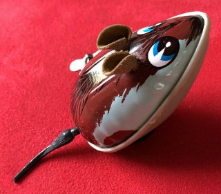 Vintage Tin Wind Up Toy Mouse Runs On Wheels Soft Ears Spinning Tail Rears Up