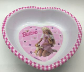 Vintage 1996 Barbie & Puppies Plastic Heart Shaped Melamine Bowl Pink Checkered
