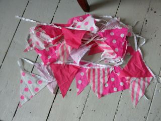 Pink Vintage Style Material Bunting X 3 Strings Polka Dots Stripes 10 Metres,