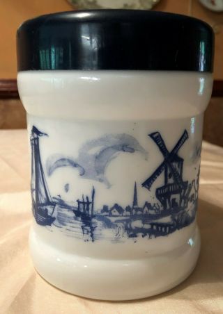 Vintage Milk Glass Pipe & Tobacco Jar/humidor Blue Sailboat Windmill Design