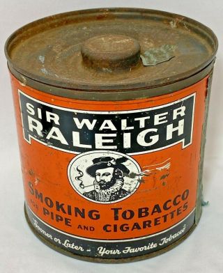 1926 Sir Walter Raleigh Vintage Pipe & Cigarette Smoking Tobacco Tin Can Label