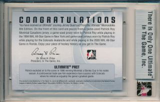 2007/08 In The Game Ultimate Memorabilia 8th Edition Patrick Roy Journey Jersey 2
