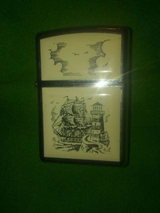 Zippo Lighter Box Complete Scrimshaw Ship And Lighthouse