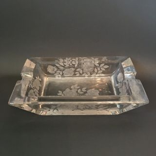 Vintage Ashtray Clear Cut Crystal Etched Glass Rose Floral Design 8 " X 5 " Heavy