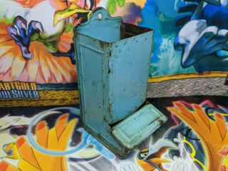 Vintage Antique Tin Metal Wall Mount Match Box Holder - Blue Patina Latch Door