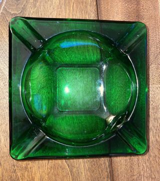 Vintage Mid Century Emerald Green Glass Ashtray Cigar Cigarette 6 " Square