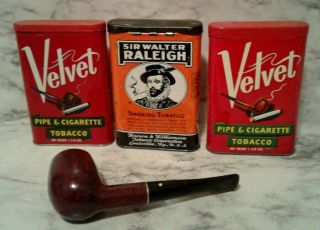 3 Vntg Tobacco Cigarette Pocket Tins - Velvet & Sir Walter Raliegh W/ Pipe