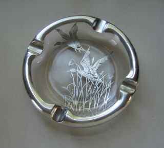 Vintage Heavy Glass & Silver Metal Ashtray W/ Ducks Flying Over Cattails Hunting
