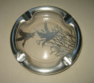 Vintage Heavy Glass & Silver Metal Ashtray w/ Ducks Flying Over Cattails Hunting 2