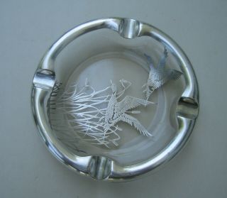 Vintage Heavy Glass & Silver Metal Ashtray w/ Ducks Flying Over Cattails Hunting 3