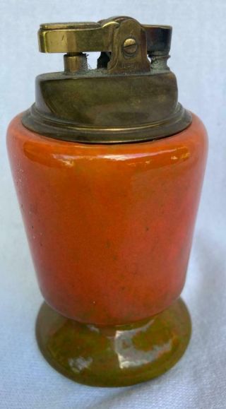 Vintage Mid Century L Hoenig Penguin Table Lighter Orange Olive Calif Pottery