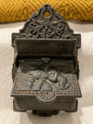 Vintage Cast Iron Match Holder Safe Wall Hanging Cupid & Lady Marked Lb - 13.