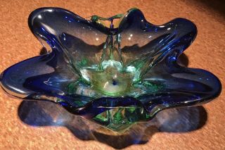Vintage Mid Century Modern Cobalt Blue Green Art Glass Ashtray 9” Ruffled Retro