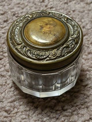 Vintage Glass Snuff Jar With Decorative Metal Lid