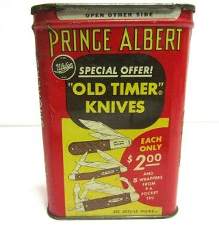 Vintage Prince Albert Pipe Tobacco Canister Advertising Tin Old Timer Knives