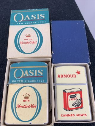 2 Vintage Flip Top Pocket Lighters With Boxes - Oasis Cigarettes & Armour Meats