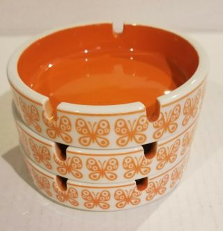 3 Vintage Mid Century Modern Orange / White Butterfly Ashtrays Stack - Able 1970 