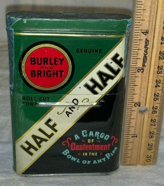 Antique Half & Half Tin Litho Vertical Pocket Tobacco Can Burley & Bright Pipe