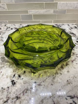 Vintage Heavy Green Glass Ashtray No Chips Or Cracks Large
