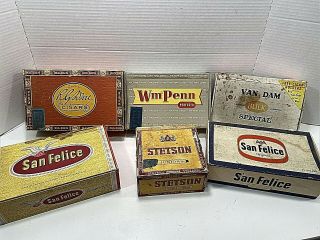 6 - Vintage Cigar Boxes - Stetson,  San Felice,  Van Dam,  Wm Penn,  R G Dun