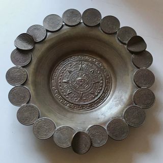 Vintage Mexico Brass Ashtray Real Coin Pesos Trench Art Aztec Mayan Sun God