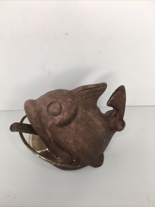 Vintage Mid Century Large Mouth Ceramic And Brass Brown Fish Ashtray